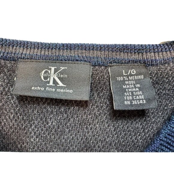Calvin Klein Mens Merino Wool V-Neck Sweater L/G Navy Blue - Picture 2 of 10